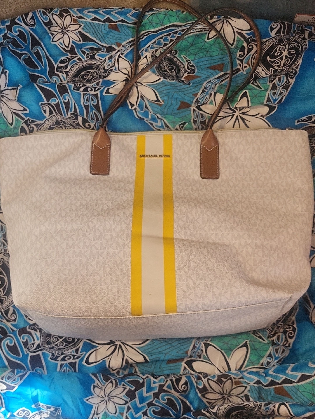 Michael Kors White Canvas Tote With Yellow Stripe And Brown Handles Travel